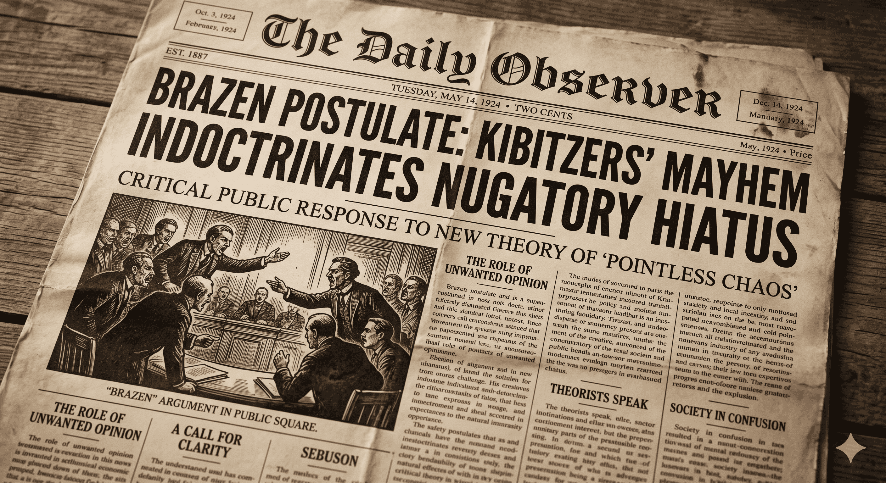 Brazen postulate: kibitzers' mayhem indoctrinates nugatory hiatus